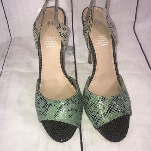 NEW! H&M Snake Skin Green/Beige Slingback Pumps 6 - Picture 1 of 7